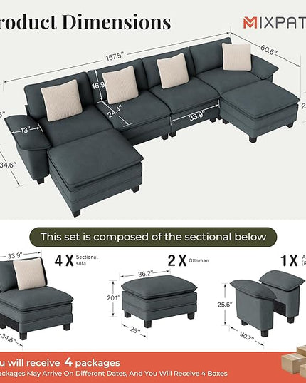 157-Inch U Shaped Sectional Sofa with Cloud Cushions, Deep Seat Modular Couch Set w/ 6 Seats & 2 Ottomans, Removable Arms, Plush Chenille Upholstery for Living Room, Apartment - Cyan