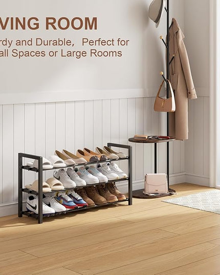 3-Tier Expandable Shoe Rack, Adjustable Shoe Shelf Storage Organizer Heavy Duty Metal Free Standing Shoe Rack for Entryway Closet Doorway (Black)