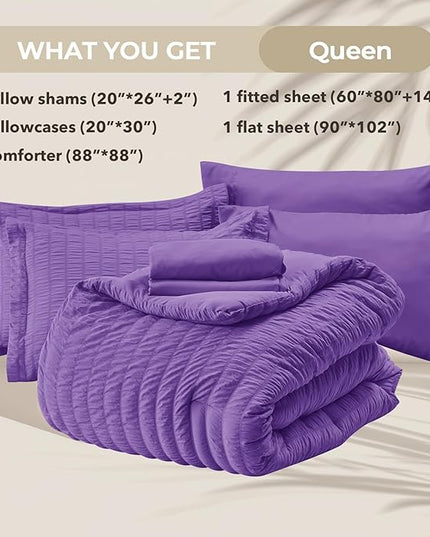 HYMOKEGE Dark Purple Queen Comforter Set Seersucker 7 Pieces, All Season Luxury Bed in a Bag Queen for Bedroom, Bedding Set with Comforter, Sheets, Pillowcases & Shams