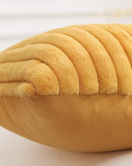 Pallene Faux Fur Plush Lumbar Throw Pillow Covers 12x20 Set of 2, Luxury Soft Fluffy Striped Decorative Pillow Covers for Sofa, Couch, Living Room, Mustard Yellow