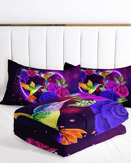 AILONEN 3D Hummingbird Comforter Set Queen Size, Lovely Heart Pattern with Rose Bedding Set for Girls Women,Deep Purple Galaxy Bed in a Bag,3 Pieces,1 Quilt and 2 Pillowcases,Soft Microfiber