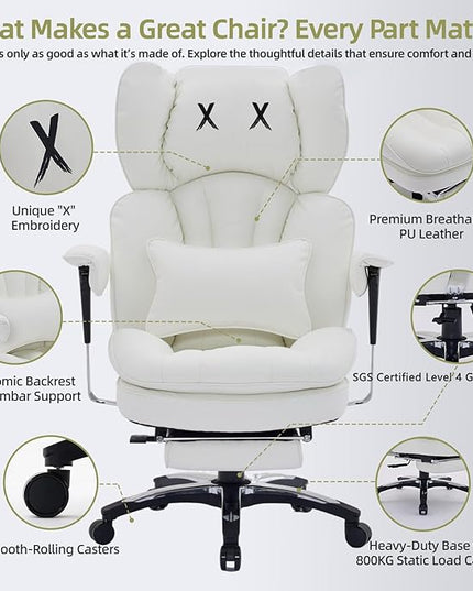 Efomao White Big and Tall Office Chair with Footrest – Ergonomic High-Back Computer Chair with Adjustable Armrests, Wide Seat – Modern Home Office, Gaming & Study Chair for Young Professionals