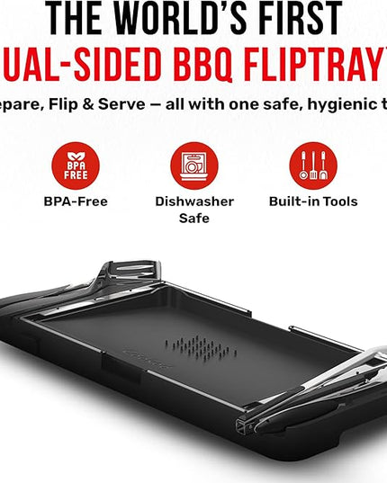 Grillbot FlipTray Dual-Sided Grilling Prep and Serving Tray - Raw/Cooked Food Separation, BBQ Grill Carry System Tray, Built-in Stainless Tools, BPA-Free, Dishwasher Safe, Tray for Outdoor Grill