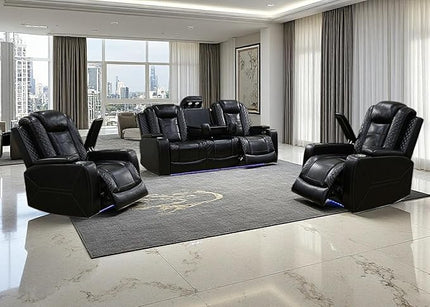 Living Room Furniture Sets,Power Recliner Sofa Set with LED Light,Black Leather Sofa and 2 Chairs Set,Modern Power Reclining Sets with Cup Holder/Storage Console for House