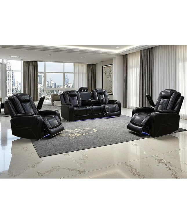Living Room Furniture Sets,Power Recliner Sofa Set with LED Light,Black Leather Sofa and 2 Chairs Set,Modern Power Reclining Sets with Cup Holder/Storage Console for House