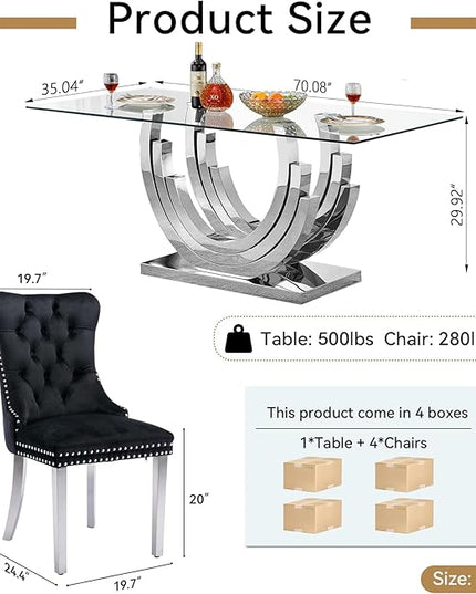 Henf 5-Piece Dining Table Set with 4 Upholstered Dining Chairs, Large Dining Table and Chair Set for 4, Modern Glass Kitchen Table Furniture for Dining Room, Glass Top and Stainless Steel Pesestal