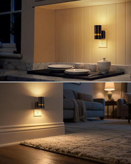 DORESshop LED Night Lights Plug into Wall, 2 Pack, Black Cylinder Dimmable Night Light Plug in, Slide Brightness Adjustable with Dusk to Dawn Sensor, 3000K Warm White for Bedroom, Bathroom, Hallway