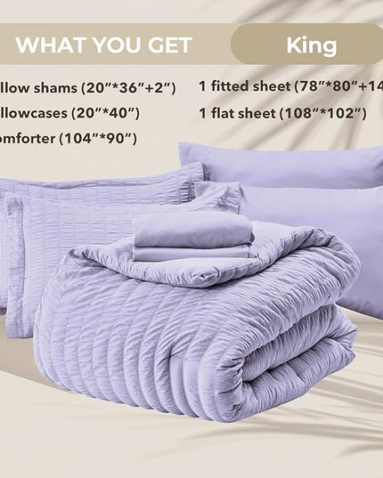 HYMOKEGE Light Purple King Size Comforter Set Seersucker 7 Pieces, All Season Luxury Bed in a Bag for Bedroom, Bedding Set with Comforter, Sheets, Pillowcases & Shams