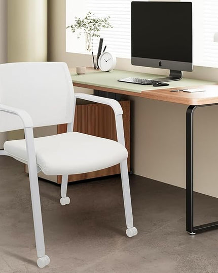 CLATINA Stacking Office Chairs with Wheels | Mesh Back, Thicken Leather Seat and Streamline Armrests, Ergonomic Lumber Support | School, Desk, Guest Reception, Waiting, Conference | Set of 8, White