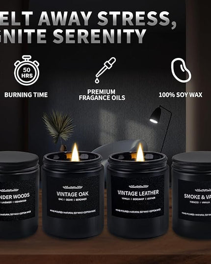 Scented Candle Set, Men Candle Set, Scented Candles for Home, Gifts for Men, 28 oz 200 Hour Burn Time,4 Pack Manly Gifts Soy Candles of Cedar Oakmoss/Pine&Clove/Patchouli/Sandal Wood