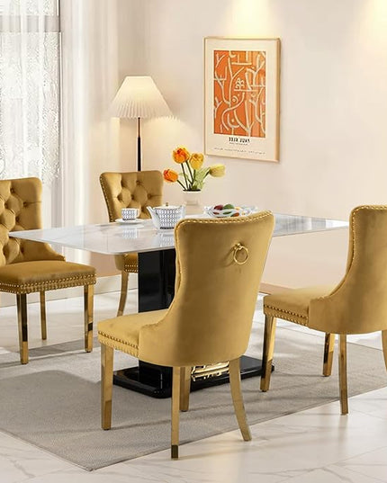 SoarFlash Velvet Dining Chairs Set of 4, Tall Back Side Chair, Modern Upholstered Side Chair with Button Back Ring, Gold Plated Stainless Steel Legs (Gold)