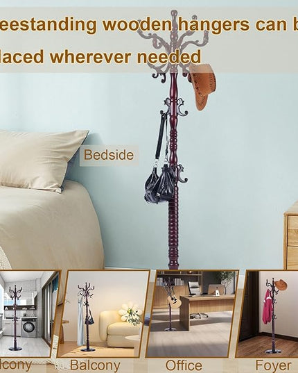 Coat Rack Freestanding with 18 Hooks, Wooden Standing Coat Racks for Entryway, Solid Wood Clothes Hanger Rack with Sturdy Round Base for Entryway, Hall, Bedroom, Office, Hallway