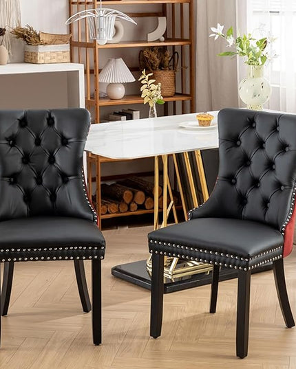 SoarFlash Leather Dining Chairs Set of 2, Tall Back Side Chair, Modern Upholstered Side Chair with Button Back Ring, Solid Wood Legs (Black&Red)