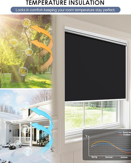 Motorized Roller Blinds with Remote Control & Solar Panel - 100% Blackout Smart Blinds, Automatic, Cordless, Electric Shades - Compatible with Alexa - Black, 46" W x 72" H