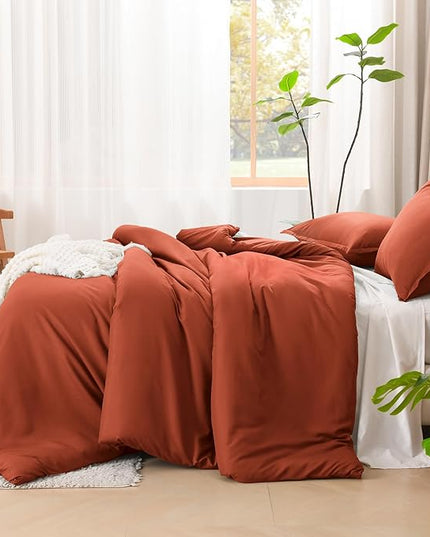 Litanika Comforters Burnt Orange Oversized Queen Size, 3 Pieces Lightweight Solid Bedding Comforter Set, All Season Fluffy Bed Set (98x98In Comforter & 2 Pillowcases)