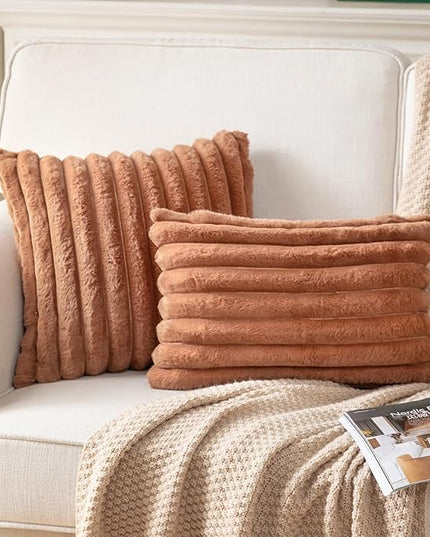 DEELAND Pack of 2,Double-Sided Faux Fur Plush Decorative Throw Pillow Covers Fuzzy Striped Soft Pillowcase Cushion Covers for Sofa Couch Bedroom Brown 12x20 inch