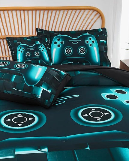 PERFEMET Gamer Bedding Set Twin Size 6-Piece Teal Blue Game Console Bed in A Bag for Boys Kids Teen 3D Black Gamepad Gaming Bedroom Collections(Teal, Twin)