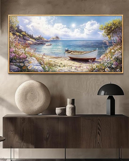 Wood Farmed Large Wall Decor For Living Room Canvas Wall Art For Office Modern Wall Decorations For Bedroom The Sea Boat Landscape Painting Farmhouse Pictures Artwork Room Home Decor 24x48 In