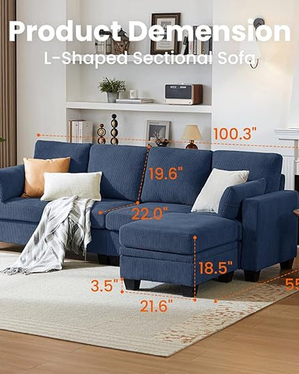 CHIC HOUSE Corduroy Modular Sectional Couch with Ottoman Chaise, L/U Shaped Sleeper Sofa for Living Room, Apartment, Lounge, Modern Armrest Neck Support Furniture (5 Seater Sectional, Navy Blue)