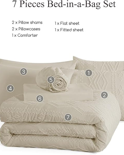 Full Size Comforter Set Beige, Tufted Boho Bedding Farmhouse Bed Set, All Season 7 Pieces Bed in a Bag with Sheets, Pillowcases & Shams