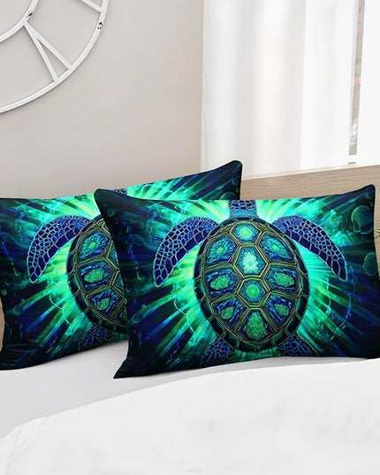 AILONEN Sea Turtle Comforter Set Queen Size,Green Blue Turtle Boho Bedding Set for Room,Lightweight Microfiber Duvet with 2 Pillowcases