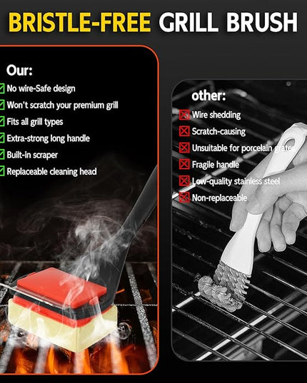 Bristle Free Grill Brush with Scraper, 4 Replaceable Cleaning Head BBQ Grill Cleaning Brush, Dishwasher-Safe Grill Cleaner Tool for Gas,Charcoal,Ceramic,Cast Iron & Stainless-Steel Grates