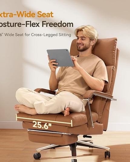 Reclining Office Chair with Footrest - 25.6" Wide Seat & Adjustable Seat Depth, Big and Tall High Back Leather Executive Home Office Desk Chair 400lbs, Brown