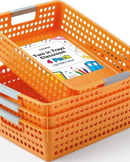 4 Pack Turn in Trays Classroom,Paper Trays for Classroom,Organization and Storage Paper Tray Holds,Desktop File Organizer Baskets,Plastic Storage Baskets for Library, Office, Home(Orange)