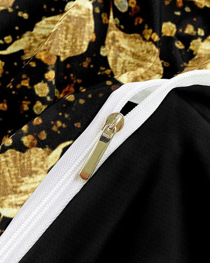 King Size Gold Leaves Duvet Cover Set Trendy Floral Bedding Sets Abstract Bed Set for Girls,Boys Bedroom Decor