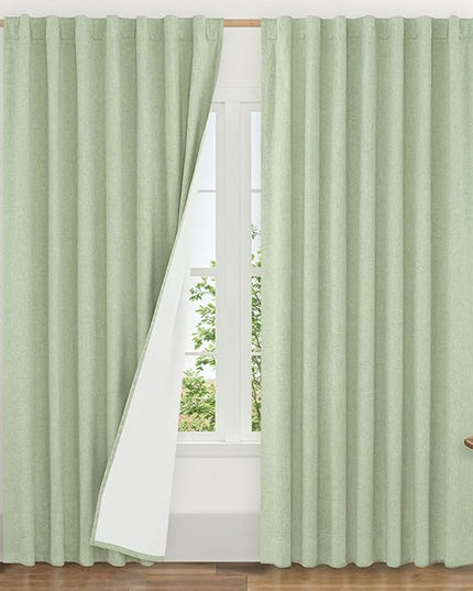 LAMIT 100% Blackout Linen Curtains 84 Inches Long, Living Room Farmhouse Drapes Full Room Darkening Back Tab and Rod Pocket Panels with White Liner, 2 Panels, Light Green, 60 x 84 Inch