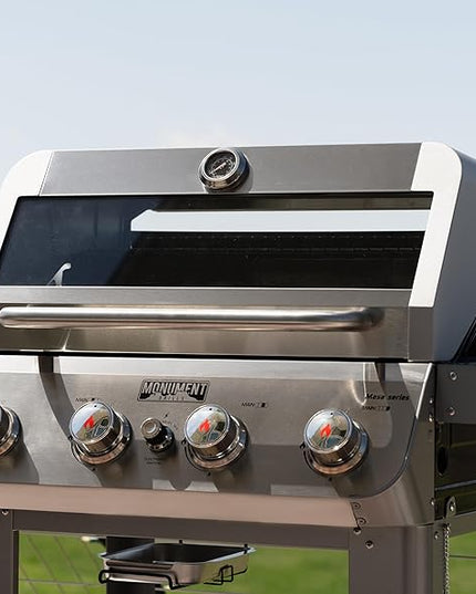 Monument Grills 4-Burner Liquid Propane Gas Grill, Silver Stainless Steel Grill Outdoor Patio Garden Barbecue Grill with Clearview® Lid and One Foldable Shelf, Mesa400MF