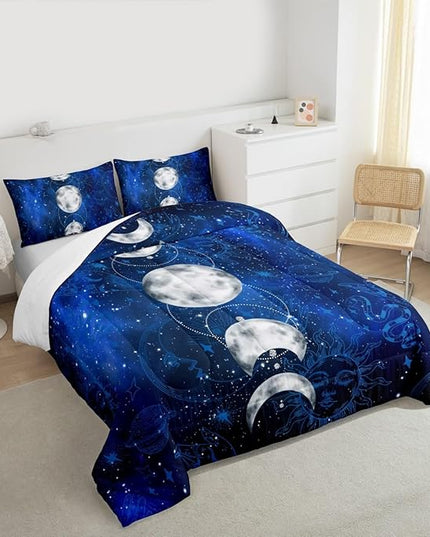Sun and Moon Kids Comforter Set King Size,Starry Sky Galaxy Planet Trippy Bedding Set,Boys Girls Adults Room Decor,Hassam Hand Dead Snake Boho Exotic Down Comforter,Blue Duvet Insert,2 Pillowcases