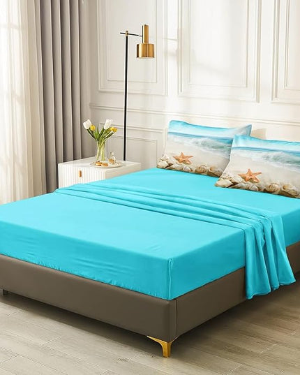 Bedbay Beach Themed Comforter Set - Cal King, Sheets, Starfish Sea Life Printed - Women's Adult Coastal Bedding - Aqua