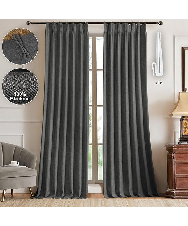 IVAPUPU Linen Pinch Pleated Full Blackout Curtains for Bedroom - 2 Pages Black Out Grey Curtains 108 Inch Long 2 Panel for Living Room Darkening Thermal Window Curtain Drapes with 16pc Hooks