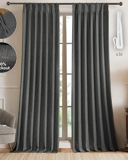 IVAPUPU Linen Pinch Pleated Blackout Curtains for Bedroom - Full Black Out Grey Curtains 90 Inch 2 Panels Set for Living Room Darkening Thermal Window Curtain Drapes with 16pc Hooks