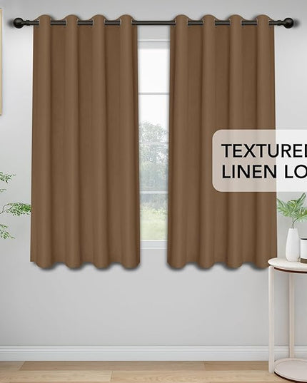 Easy-Going Linen Look Blackout Curtain Grommet Window Curtain Drapes for Bedroom, Living Room Thermal Insulated Room Darkening (2 Panels, 52x84 inch, Brown)