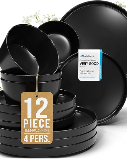 Stoneware dinnerware set 4 persons 12 pcs – Matte black plates and bowls set – Dishwasher, microwave and scratch resistant – Bowl and plate set – Dinner service Pure Living