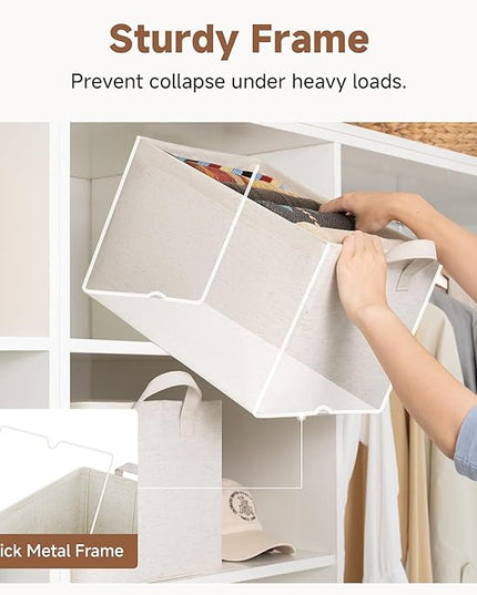 StorageWorks Storage Bins, Shelves Baskets for Organizing, Large Fabric Closet Organizers with Handles, Metal Frame, Beige（Cotton-linen）, 2-Pack
