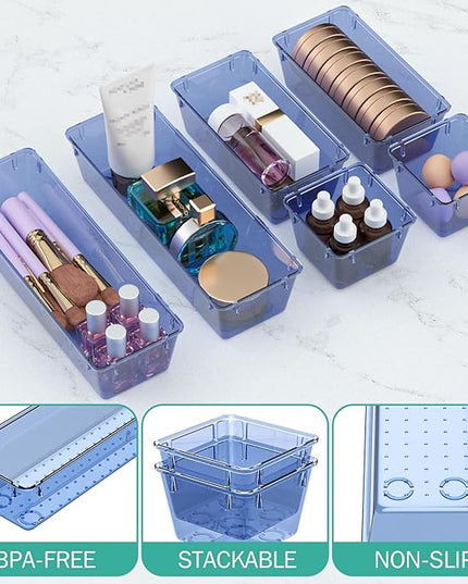 WOWBOX 6 Pack Clear Drawer Organizer Set, Acrylic Drawer Storage Trays, Storage Bins for Makeup, Cosmetics, Jewelries, Utensils, Gadgets, Office, Dark Blue