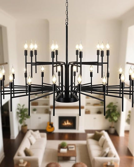 Black Chandelier 30 Light Large Modern Farmhouse Chandeliers for Dining Room Lights Fixture, 47" Round Candle Large Chandeliers for High Ceilings Living Room Foyer Entryway 2 Tier