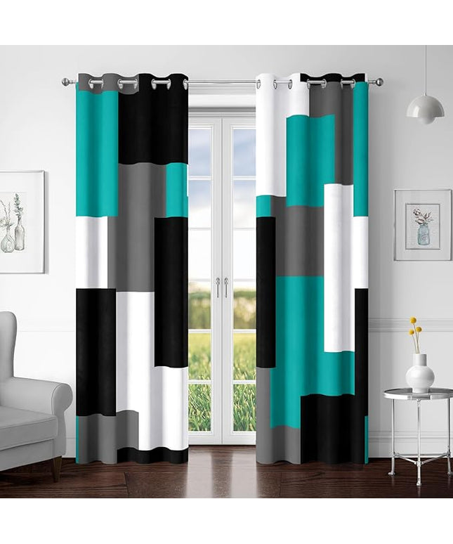 Teal/Turquoise 100% Blackout Curtains for Bedroom 72 inch Length 2 Panels Set White Grey Modern Abstract Geometric Black Out Curtains Room Darkening Window Drapes for Living Room, 52Wx72L