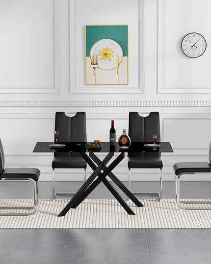 HomVent 5 Pieces Rectangular Glass Dining Table Table Set, Black Glass Dining Table Set for 4 Kitchen Table Set with 4 PU Dining Chairs for Kitchen Dining Room (Black2-Table with 4 Black Chairs)