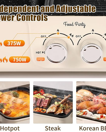 Food Party Hot Pot Electric Grill 2 in 1 Korean BBQ Grill Indoor Smokeless Hotpot Pot Electric Cooker Sahabu Shabu Pot Non Stick (Large)