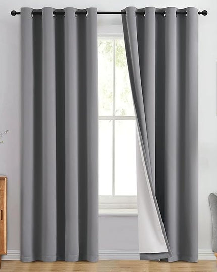 Yakamok 100% Blackout Curtain Panels 96 inches Cold and Light Blocking Drapes for Nursery, 2 Thick Layers Thermal Insulated Draperies (2 Pieces, 50 Wide Each Panel, Grey Front with White Backing)