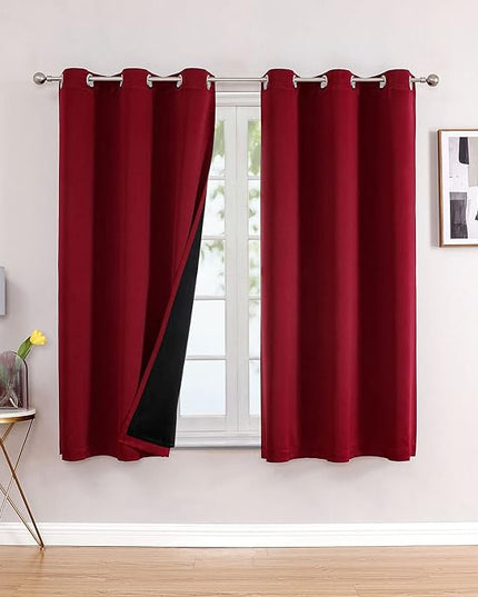 ChrisDowa 100% Blackout Curtains for Bedroom with Black Liner, 2 Thick Layers Total Blackout Thermal Insulated Grommet Window Curtains 2 Panels Set (Burgundy, 42 x 63 Inch)