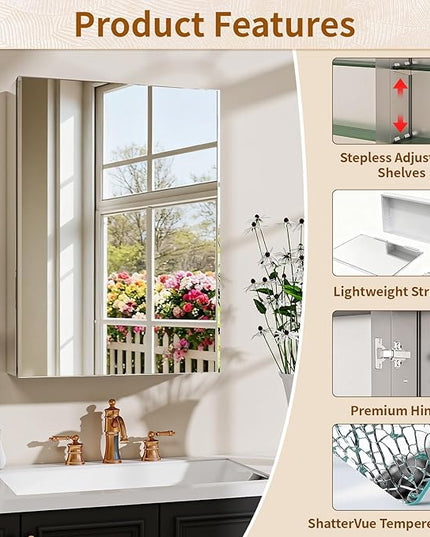 BEAUTYPEAK 16 x 24 Inch Medicine Cabinet with Mirror, Wall Mounted Bathroom Mirror Cabinet, Medicine Cabinet Mirror with Storage & Adjustable Shelves