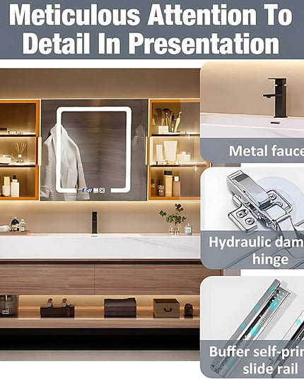 Single Sink Bathroom Vanity, Bathroom Cabinet has LED Lights Fog Mirror & Solid Wood Body, Glass Side Cabinet with Light (Light Brown, 44'')