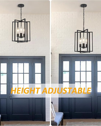 Black Farmhouse Modern Chandelier Light Fixture for Dining Room, 3 Light Rustic Kitchen Island Metal Pendant Hanging, Adjustable Geometric Foyer Light Fixtures for Entryway Hallway Living Room