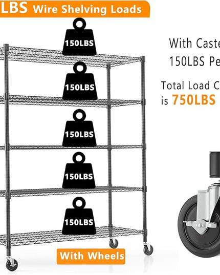 Himimi 82" H Storage Shelves 5 Tier Metal Shelving Adjustable Wire Shelf with Wheels, Heavy Duty Shelving for Garage Kitchen Pantry Bathroom Laundry,18" D*48" W*82" H, Black