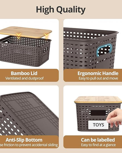 Plastic Storage Baskets with Bamboo Lids, Stackable Small Box Bins for Organizing and Containers for Shelves Drawers Desktop Closet Pantry Classroom Office Home, 6 Pack 10.2x7.2x4.1 Inch, Brown